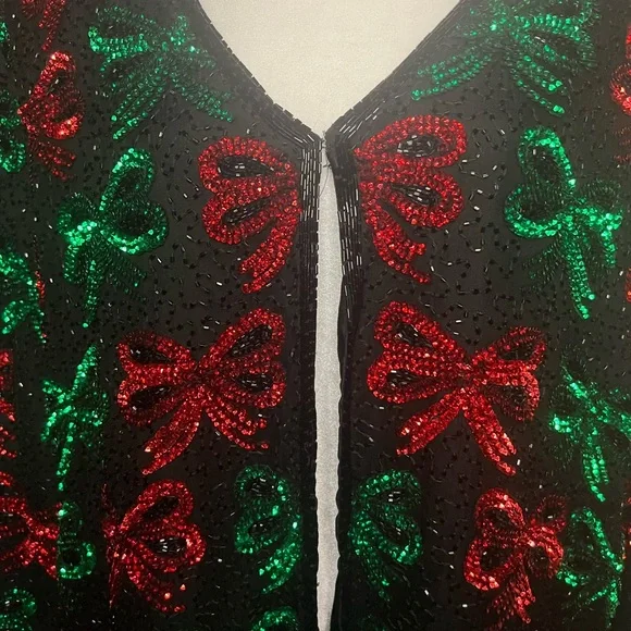 Vintage beaded, sequins Christmas jacket green & red bows silk - Picture 4 of 5